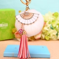 Pink faux fur pompom keychain with white enamel folding fan and suede tassel detail - White Fan + White Pom Pom