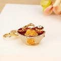 Golden wealth bowl keychain with red enamel and sparkling rhinestones for car keys - White Fortune Ingot