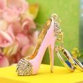 Pink rhinestone high heel shoe keychain with gold metal ring and enamel finish - Pink Sky High Heels