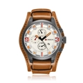 Detail of CURREN men's watch featuring off-white dial, leather strap and date window - Brown Strap Black Case White Dial