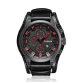 Reloj CURREN para hombre con correa de cuero negra, esfera grande y marcador de fecha - Correa Negra Caja Negra Marcadores Rojos