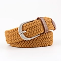 Unisex khaki elastic woven canvas belt with brown PU leather trim and silver metal buckle - 100x2.5cm / Camel