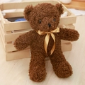 Classic dark brown teddy bear plush with silk bow on a warm wooden background - Dark Brown / 30cm