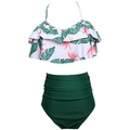 Tweeledige bikini met hoge taille, tropische ruches top en donkergroene broek - S / Groen