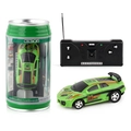 Green mini remote-controlled racing car with black stripes in soda can packaging - 1:45 / Green