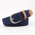 Unisex blue braided elastic belt with brown leather accents and silver buckle - 100x2.5cm / Navy Blue