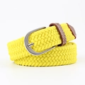 Yellow elastic woven canvas belt with silver pin buckle and brown leather accents - 100x2.5cm / Yellow