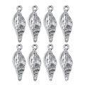 Detailed view of eight silver conch shell pendants with textured metal finish and hanging loops - Long Conch 23x8mm