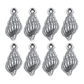 Eight silver seashell alloy pendants with textured surface and ring loop for DIY bracelets - Conch 10x20mm