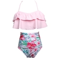 Tweeledige bikini met roze ruches haltertop en broekje met hoge taille en bloemenprint - S / Roze