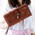 Vintage brown long bifold wallet with hollow leaf design and metallic leaf pendant - Brown