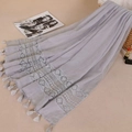 Light grey cotton scarf with elegant white lace embroidery and delicate fringes - Gray