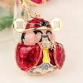 God of Wealth keychain in red and gold finish with sparkling crystals and green gems - B278 Caishen God of Wealth