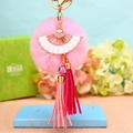 Pink faux fur pompom keychain with rhinestone heart and dual-tone tassels on gold ring - White Fan + Pink Pom Pom