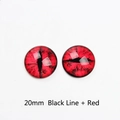 Macro detail of 20mm clear glass eye cabochons with red pattern and black pupils - Red with Black Lines