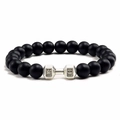 Men's black beaded yoga energy bracelet with silver dumbbell charm and LIVE LIFT engraving - 19cm / Matte Black Agate + Silver Dumbbell