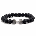 Elastic dumbbell bracelet with black volcanic lava stone beads and metal accents - Lava Stone + Gun Black Dumbbell