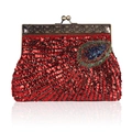 Exquisite red beadwork evening bag with colorful peacock feather embroidery and kiss lock - Red