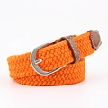 Orange braided elastic canvas belt with silver buckle and brown leather tips - 100x2.5cm / Orange
