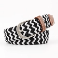 Unisex black and white braided elastic belt with brown leather ends and silver buckle - Black+White / 100cm Length 2.5 Width