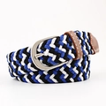 Unisex elastic woven belt with black, blue and white stripes and brown leather trim - 100x2.5cm / Black White Blue