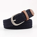Elastic navy blue woven belt with silver buckle and brown leather details - 100x2.5cm / Dark Navy Blue