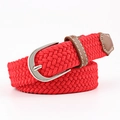 Unisex red woven elastic canvas belt with brown leather trim and silver metal buckle - 100x2.5cm / Red