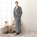 Men's long thick grey flannel bathrobe with waffle texture and belt for winter - Grey Men