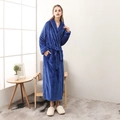Thick navy blue flannel long bathrobe with textured grid pattern and waist tie - Royal Blue Women