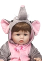 Close-up of lifelike baby doll with blue eyes and elephant hood plush clothing - Grey Elephant Jumpsuit / 40 cm