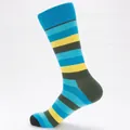 Striped cotton crew socks with vibrant blue, yellow, and green patterns on white base - Size 41-46 / Dark Green Heel