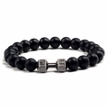 Men's yoga energy bracelet with matte black beads and silver dumbbell charm live lift - Matte Black Agate + Gun Black Dumbbell