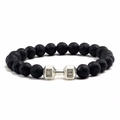 Men's black lava stone beaded bracelet with silver dumbbell featuring Live Lift engraving - 17cm / Lava Stone + Silver Dumbbell