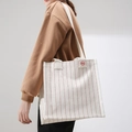 Vertical red striped canvas tote bag with embroidery, minimalist casual shoulder bag style - Large