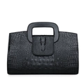 Chic black crocodile textured handbag with a unique metal animal head clasp and cutout handle - Black