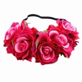 Detailed view of bohemian floral headband with five realistic red and pink roses - Colorful Rose Red