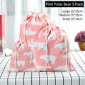 Pink cotton linen drawstring bag set with white polar bear print in three sizes - Small (16*14cm) / Pink Polar Bear
