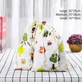 Three-piece linen drawstring bags with cute fox and owl prints for home storage - Happiness Tree