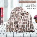 Three-piece set of dark brown plaid cotton linen drawstring storage bags in various sizes - Small (16*14cm) / Khaki Lines