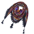 Detailed view of bohemian floral jacquard patterns and black fringe on an ethnic scarf - 115*115cm / Black Tribal (No.20)