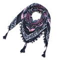 Detail of bohemian black and pink scarf featuring floral paisley patterns and tassel edges - 115*115cm / Black/Pink (No.7)
