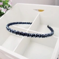Sparkling dark blue beaded headband featuring double-row faceted crystals for women - Navy Blue