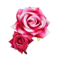 Barrette à cheveux double rose en velours avec dégradé rose et feuilles vertes - Rose Rouge