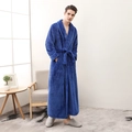 Men's long thick blue waffle knit robe with belted waist and kimono collar for winter - Royal Blue Men