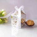 Laser-cut heart-shaped silver wedding favor box with white chiffon ribbon and sweets - Reflective Silver