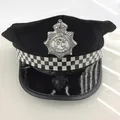 Gorra de policía negra para cosplay con insignia plateada y detalle de cuadros - Talla Única 58cm / Negro