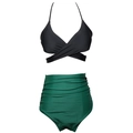 Tweeledige bikini met zwarte haltertop en donkergroene high-waisted geplooide broek - S / Zwarte Top Groene Onderkant