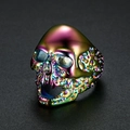Rainbow plated stainless steel skull ring with punk vintage texture shown from a side angle - US 7 / Rainbow