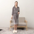 Elegant grey velvet long-sleeved bathrobe for women with white piping and waist tie - Grey Women
