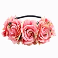 Close-up of five gradient pink silk roses on a flexible black elastic bohemian headband - Hot Pink